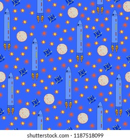 blue seamless vector repeat pattern with rocket ships moon and stars