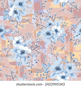 blue seamless vector stock flowers leaves bunches pattern on texture background
