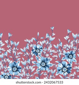 blue seamless vector stock flowers leaves border pattern on pink background