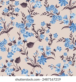 blue seamless vector stock flowers with leaves pattern on cream background