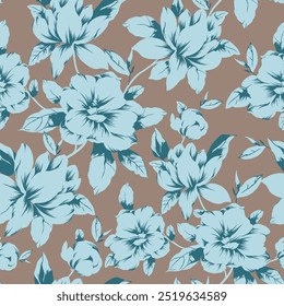 blue seamless vector stock flowers leaves pattern on cream background