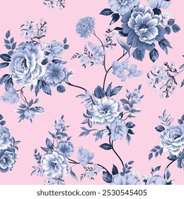 blue seamless vector stock flowers with leaves pattern on pink background