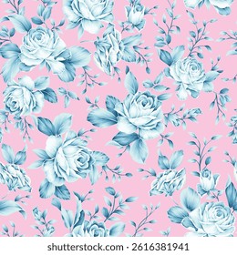 blue seamless vector stock flowers leaves pattern on pink background