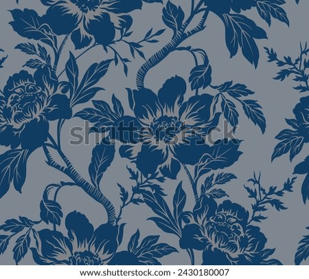 blue seamless vector stock flowers leaf pattern on grey background