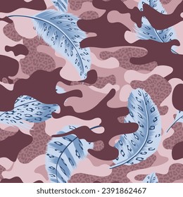 blue seamless vector stock leaf pattern on pink cameo background