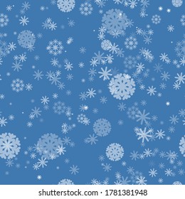 Azul, vector sin costuras. Copos de nieve blancos, transparentes.