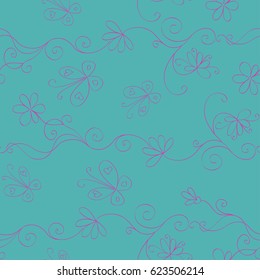 Blue seamless vintage background with hand draw flowers, butterflies and curls