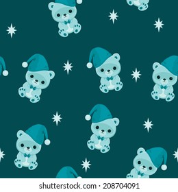 Blue seamless wallpaper with teddy bear. Bed time