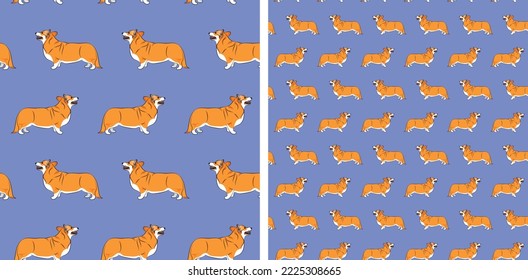 Blue Seamless Welsh Corgi dog pattern, holiday texture. Packaging, textile, decoration, wrapping paper. Trendy hand-drawn funny breed wallpaper. Fun seamless running profile corgi dog square pattern.