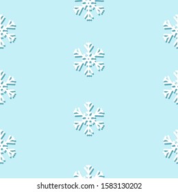 Blue seamless winter pattern with white snowflakes with a dark blue shadow. Vector graphic illustration for Merry Christmas and Happy New Year.