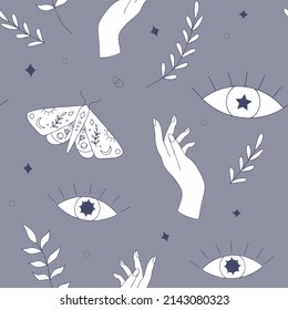 Blue seamless witch hand moth eye stars vector pattern for fabric textile wrapping, digital paper boho magic celestial ornament wizard illustration, trendy esoteric drawing white line  decoration