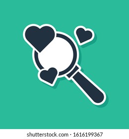 Blue Search heart and love icon isolated on green background. Magnifying glass with heart inside.  Vector Illustration
