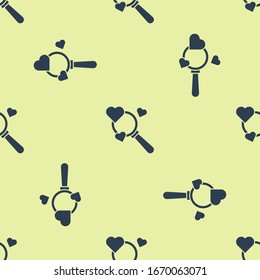 Blue Search heart and love icon isolated seamless pattern on yellow background. Magnifying glass with heart inside.  Vector Illustration
