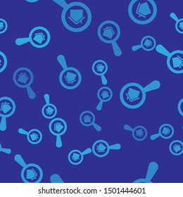 Blue Search house icon isolated seamless pattern on blue background. Real estate symbol of a house with magnifying glass.  Vector Illustration