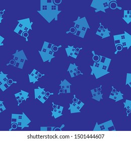 Blue Search house icon isolated seamless pattern on blue background. Real estate symbol of a house magnifying glass under.  Vector Illustration