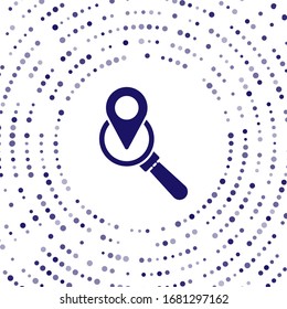 Blue Search location icon isolated on white background. Magnifying glass with pointer sign. Abstract circle random dots. Vector Illustration