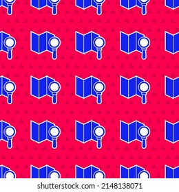Blue Search location icon isolated seamless pattern on red background. Magnifying glass with pointer sign.  Vector Illustration
