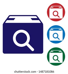 Blue Search package icon isolated on white background. Parcel tracking symbol. Magnifying glass and cardboard box. Logistic and delivery. Set color icons in circle buttons. Vector Illustration