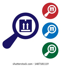 Blue Search package icon isolated on white background. Parcel tracking symbol. Magnifying glass and cardboard box. Logistic and delivery. Set color icons in circle buttons. Vector Illustration