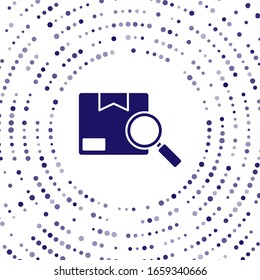 Blue Search Package Symbol einzeln auf weißem Hintergrund. Paketverfolgung. Gläserner Glas und Karton. Logistik und Lieferung. Abstrakte Kreis Zufallspunkte. Vektorillustration-Illustration