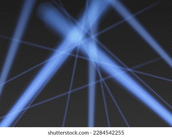 Blue searchlights in the air. Cone lights from bottom with darkened edges. Volumetric spotlight effect on dark background. Empty studio or concert scene. 3d rendering.