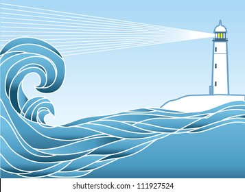Blue seascape horizon. Vector illustration with lighthous