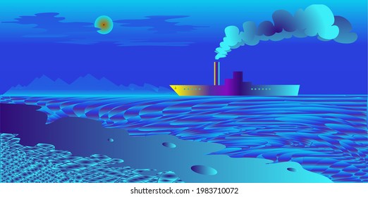 Blue seascape with a ship on a horizontal background. Use it for illustrations and design.