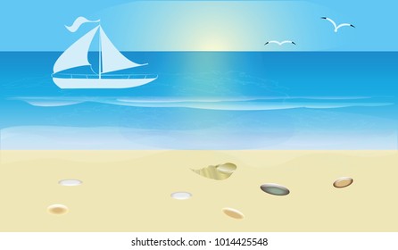 Blue seascape with surf and sandy beach, White yacht, sun, seagull - art vector illustration. Travel Poster.