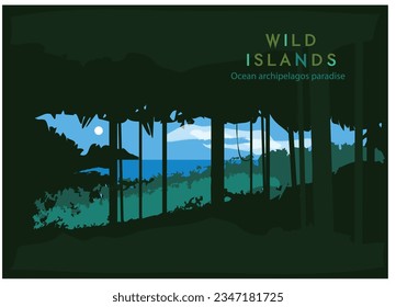 blue seascape through the trees, lettering WILD ISLANDS on dark green background