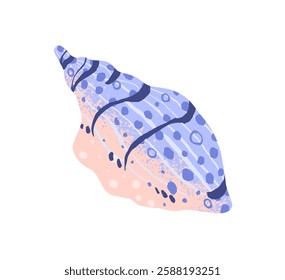 Blue seashell with coiled shape. Cute drawing sea shell with spiral form. Exotic mollusk in patterned conch. Beaches' whelks. Oceans decoration. Flat isolated vector illustration on white background