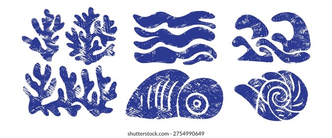 Blue seashell and coral vector set in linocut style. Nautical marine collection with ocean waves, seaweed and nautilus shell. Decorative crosshatch engraving and stamp texture for summer design