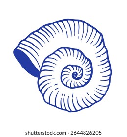 Mão azul Seashell desenhar ilustração vetorial. Ícone de garatuja de molusco em espiral