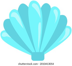 Blue seashell on white background. Cartoon nautical character lives in sea and ocean. Conch water dweller, oceanic cockleshell. Wild nature of mediterranean sea. Underwater life of colored clam