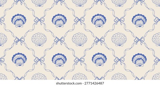 Blue seashell seamless pattern with ribbons and bows, coquette hand drawn line art style. Vector nautical summer background, fabric textile design, wallpaper, scrapbook paper, coastal aesthetic branding.