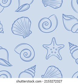 Blue seashell seamless vector pattern, repeating background