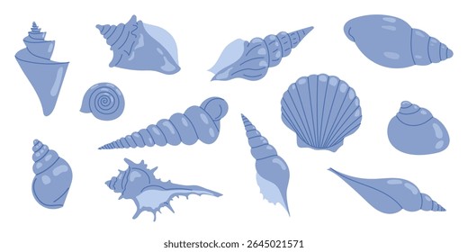 Blue seashell silhouettes on white background. Sea-themed collection of marine elements for summer crafts, packaging, branding, design projects, backgrounds, prints.