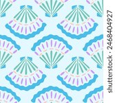 Blue seashell vector seamless pattern. Summer underwater repeat surface design with scallop shells in modern hand drawn flat style on light background. Cute nautical illustration for swimwear, decor