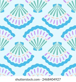 Blue seashell vector seamless pattern. Summer underwater repeat surface design with scallop shells in modern hand drawn flat style on light background. Cute nautical illustration for swimwear, decor