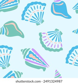 Blue seashell vector seamless pattern. Summer underwater repeat surface design. Scallop and spiral shells silhouettes in modern flat style on light background. Cute nautical illustration for swimwear