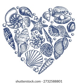 Blaue Muscheln und Blasen in Herzform einzeln auf weißem Hintergrund. Sommer-Vektorgrafik mit handgezeichneten Skizzenschalen für Strand, Meer, Küstenthema Druckdesign