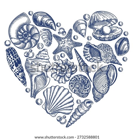 Blue seashells and bubbles in heart shape isolated on white background. Summer vector illustration with hand drawn sketch shells for beach, marine, coastal theme print design