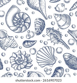 Blue seashells and bubbles on white background. Summer travel seamless pattern. Vector hand drawn sketch illustration of sea shells. Tropical fashion textile print or wrapping paper