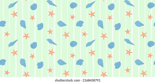Blue seashells and red starfish on a green striped background. Vector seamless pattern for wallpaper, wrapping paper, cover, packaging, wrapper, surface texture, printing on textile, clothes and bags