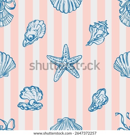 Blue Seashells, Ribbon Bows Seamless Pattern on Yellow striped Background. La dolce vita themed inspired by Summer Italian aesthetic. Vintage Marine, feminine, coquette design in charming girly style