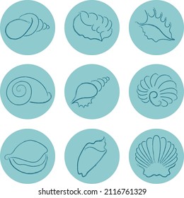 blue seashells sea story highlights cover icons. Set highlights for social networks circles design. Round highlight backgrounds for social media stories. Soft brush stroke.