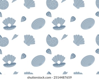 Blue seashells set seamless pattern.