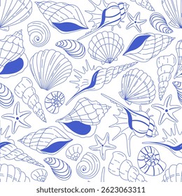 Conchas azuis e padrão de estrelas-do-mar em um fundo branco. Design de vetor de verão sem costura.