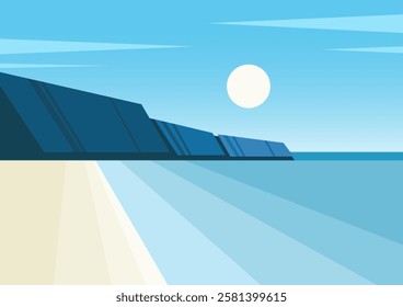 Blue seaside landscape vector illustration. Seaside with mountains. Vector seaside mountains poster