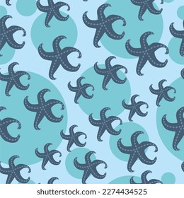 Blue seastars seamless pattern. Circles or dots on background.