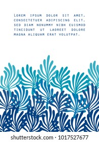 Blue seaweed on white ocean flora template for a poster, vector